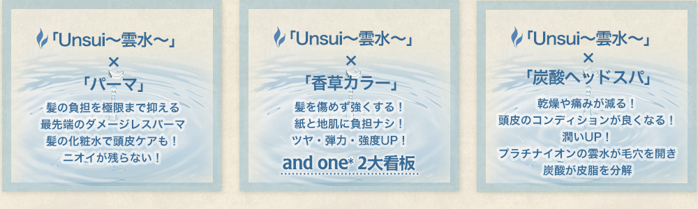 「Unsui～雲水～」×「パーマ」　「Unsui～雲水～」×「香草カラー」　「Unsui～雲水～」×「炭酸ヘッドスパ」